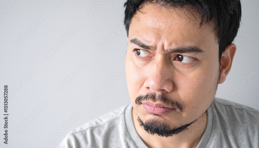 Obraz premium A man with sleek black hair and a well-groomed mustache, wearing a casual shirt, stands confidently with a warm smile against a blurred background.