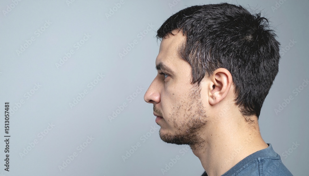 Fototapeta premium A young man with neatly styled short hair, wearing a casual blue shirt, stands confidently against a vibrant urban backdrop, smiling warmly.