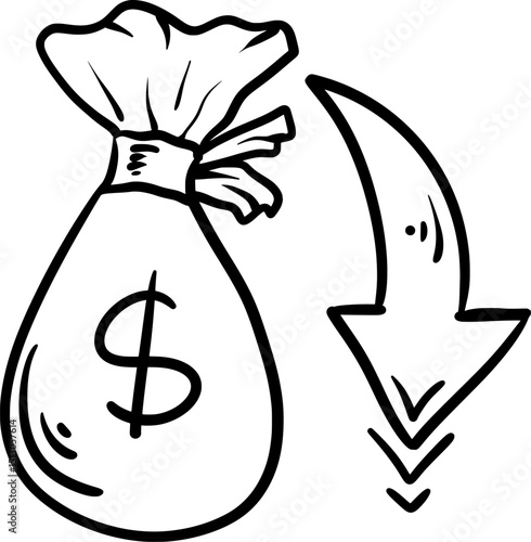 icon with line art of a dollar sack and a down sign meaning the dollar is going down