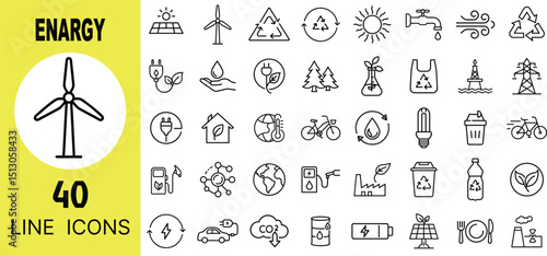 Energy and Ecology Symbols – Solar, Wind, Battery, Leaf, Recycle, Plug, Tree, Earth, Globe, Eco Bag, Water Drop, Light Bulb, Electric Car, Fuel, Power, Green Icons