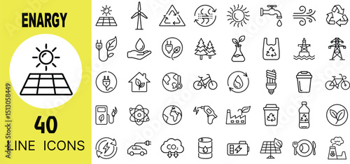 Energy and Ecology Icon Set – Solar Panel, Wind Turbine, Leaf, Light Bulb, Battery, Recycle, Earth, Water Drop, Plug, Tree, Electric Car, Factory, Globe, Eco Bag, Renewable, Fuel, Power Symbols