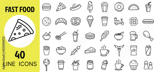 Fast Food Symbols – Soft Drink, Fries, Cheeseburger, Burrito, Nuggets, Milkshake, Sauce, Pizza Slice, Combo Box, Hotdog, Chicken, Onion Rings, Takeout, Wrap, Cola, Ketchup, Sub Icons