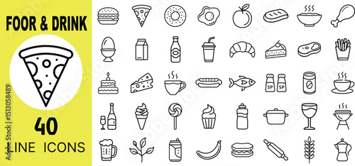 Food and Drink Icon Set – Taco, Noodles, Smoothie, Steak, Beer, Coffee, Water, Croissant, Egg, Wine, Ice Cream, Chicken, Milk, Salad, Pizza, Kebab, Donut Symbols