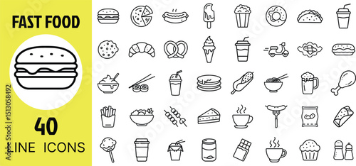 Fast Food Icon Set – Burger, Fries, Hotdog, Pizza, Soda, Taco, Donut, Sandwich, Nuggets, Chicken, Ketchup, Ice Cream, Popcorn, Drink, Tray, Wrap, Combo Symbols