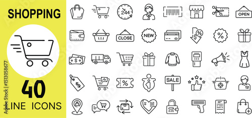 Shopping Icon Set – Cart, Bag, Store, Tag, Discount, Basket, Credit Card, Barcode, Checkout, Sale, Wallet, Delivery, Cash, Receipt, Box, Product, Payment Symbols