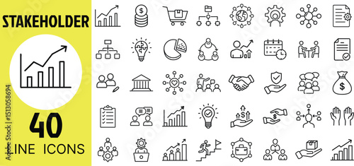Stakeholder Icon Set – Team, Leader, Investor, Partner, Client, Manager, Meeting, Collaboration, Strategy, Goal, Network, Chart, Communication, Influence, Support, Report, Group, Planning Symbols