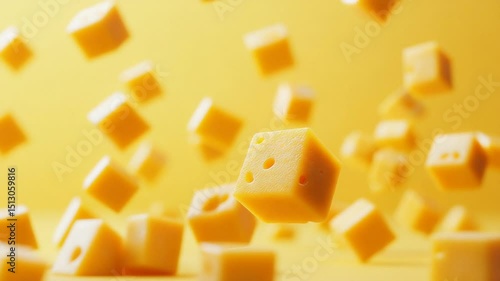 Yellow cheese cubes floating against a bright background