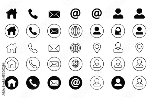 Business Contact Icons Set – Line Art Phone, Email, Location, Website, Address Symbols