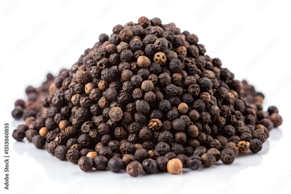 Heap of Aromatic Whole Black Peppercorns on White Surface, Culinary Spice Ingredient Heap of Aromatic Whole Black Peppercorns on White Surface, Culinary Spice Ingredient