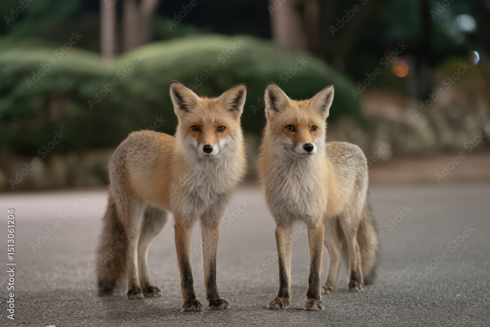 Fototapeta premium night foxes on deserted road their bold gaze highlighting texture of their fur