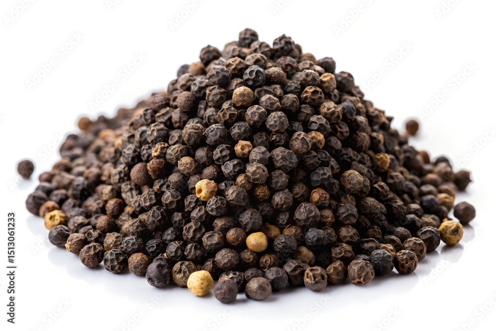 Pile of Aromatic Dried Black Peppercorns Scattered on White Surface, Culinary Spice Ingredient Pile of Aromatic Dried Black Peppercorns Scattered on White Surface, Culinary Spice Ingredient