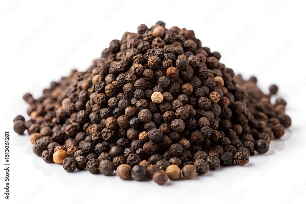 Pile of Aromatic Whole Black Peppercorns on White Background, Spice for Cooking and Seasoning Pile of Aromatic Whole Black Peppercorns on White Background, Spice for Cooking and Seasoning