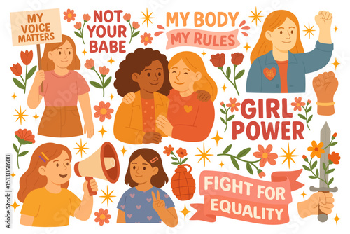 Vector illustration of feminist poster with girls, quotes, flowers, fists and symbols of equality, isolated on white background.