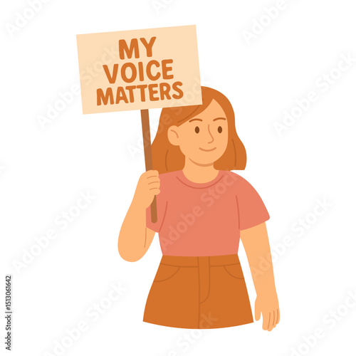 Vector illustration of a girl holding a protest sign with the phrase my voice matters, isolated on white background.