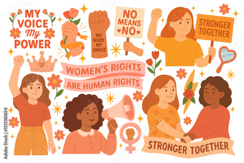 Vector illustration with girls, protest signs, empowerment slogans, flowers, fists and feminist messages, isolated on white background.