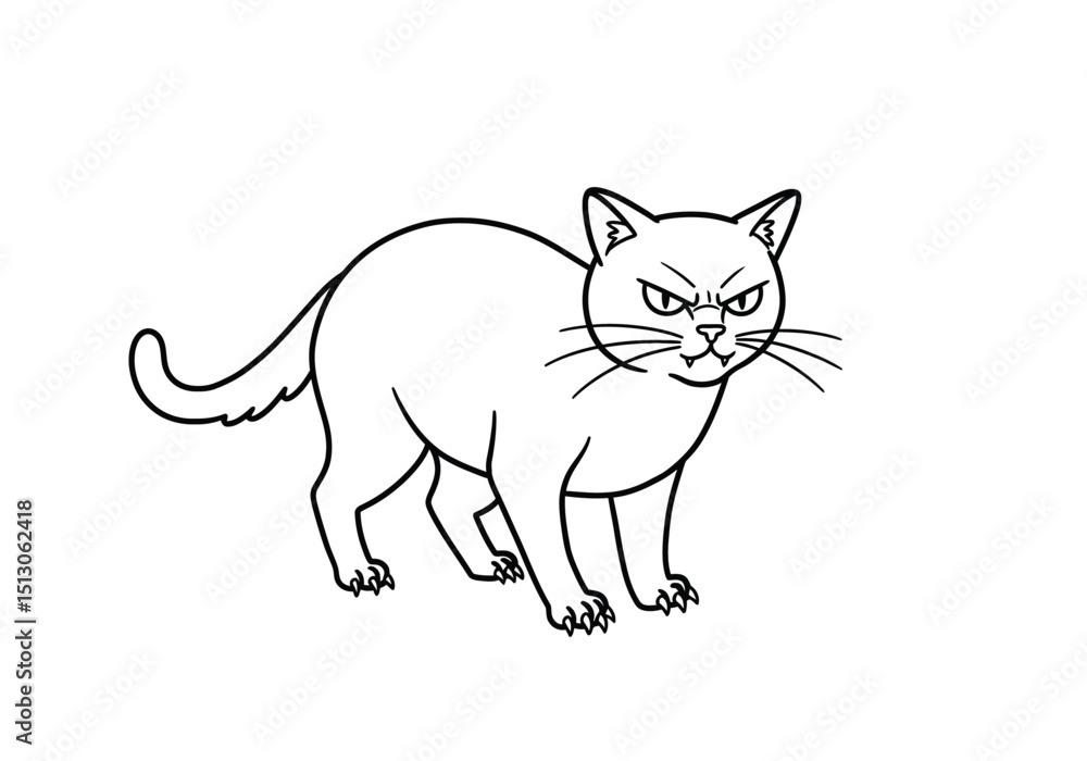 Angry cat drawing. It is a black and white outline image of an irate feline, a domestic animal showing an aggressive and displeased expression. Vector sketch line art draw. Angry cat drawing. It is a black and white outline image of an irate feline, a domestic animal showing an aggressive and displeased expression. Vector sketch line art draw.