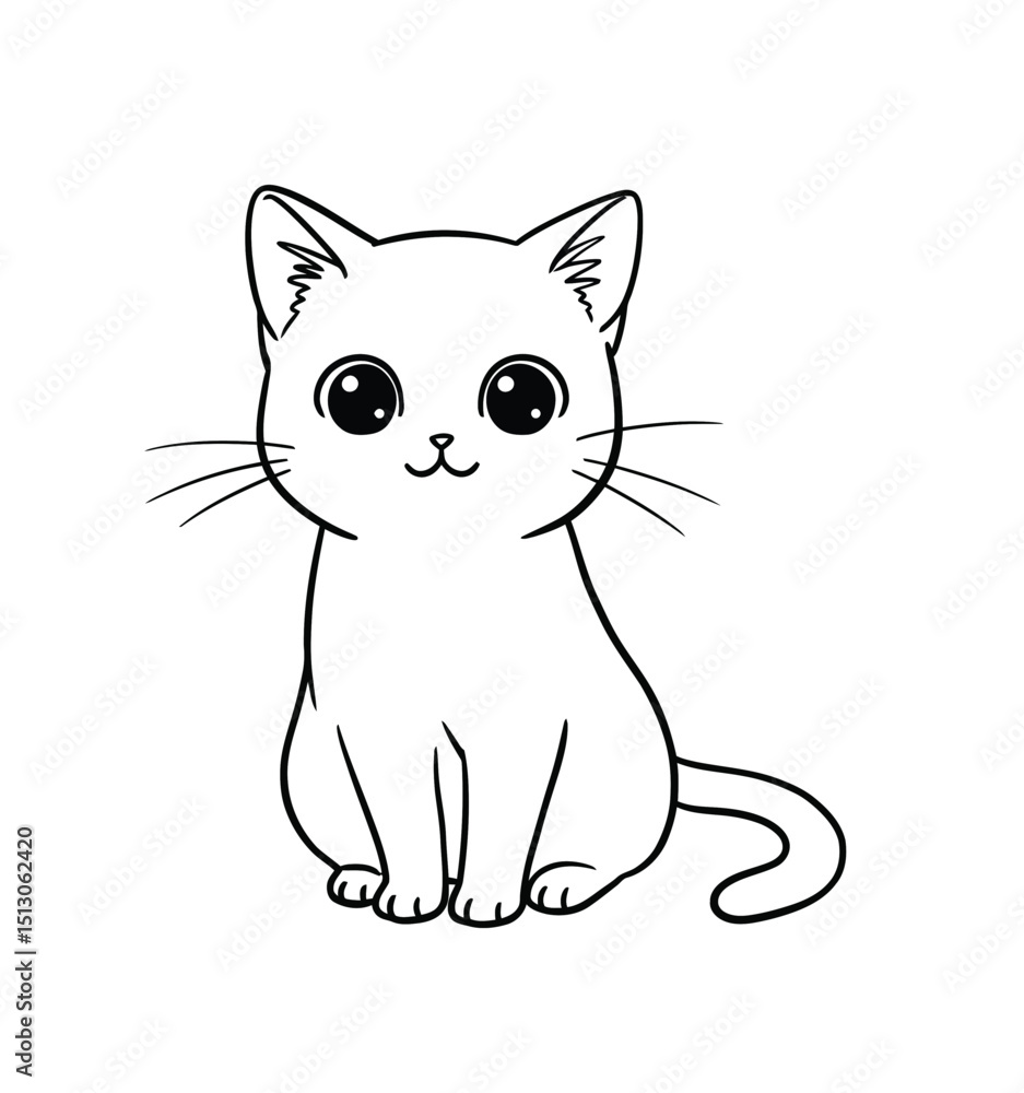 Fototapeta premium Anime cat drawing. It is a black and white outline image of a cute feline, a domestic animal designed in a charming and expressive anime style. Vector sketch line art draw.