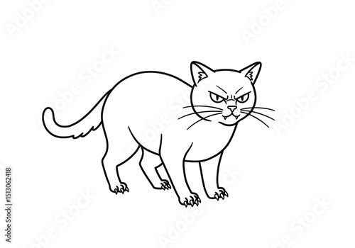 Angry cat drawing. It is a black and white outline image of an irate feline, a domestic animal showing an aggressive and displeased expression. Vector sketch line art draw.