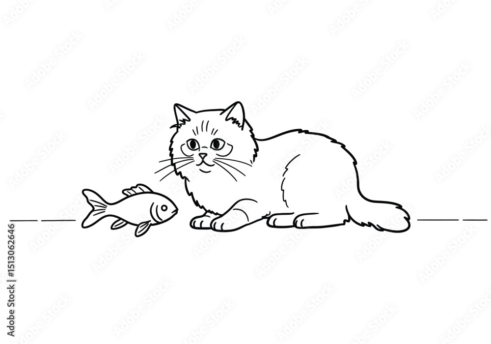 Fototapeta premium Cat and fish drawing. It is a black and white outline image of a furry feline, a domestic animal observing a fish, representing a common animal interaction. Vector sketch line art draw.