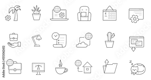 Home office, freelance doodle icons or signs set. vector