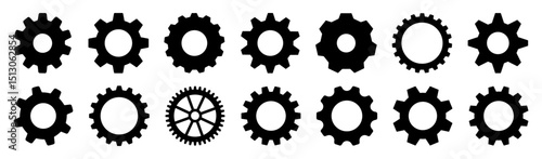 Collection of black gear silhouettes – Set of mechanical cogwheel icons for engineering, industrial, and technical design. Engineering or app interface concept vector illustration.