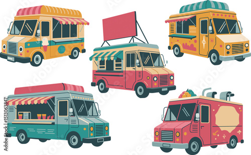 Colorful vintage food trucks collection, mobile street food vans, retro catering vehicles, outdoor dining, urban food service illustration