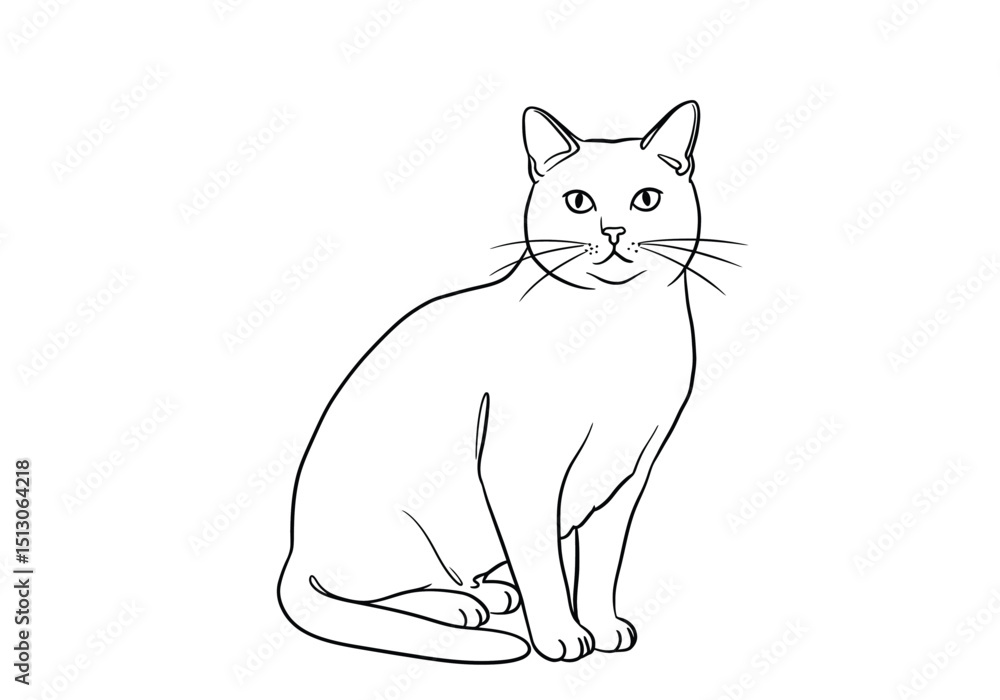 Obraz premium Cat drawing. It is a black and white outline image of a domestic feline, a common pet known for its calm demeanor and observant gaze. Vector sketch line art draw.