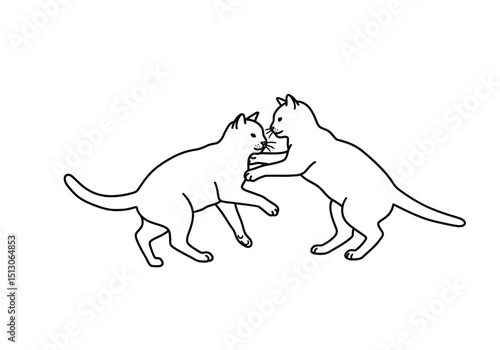 Cat fighting drawing. A black and white outline image of two felines, domestic animals engaged in a playful or aggressive interaction, demonstrating dynamic movement. Vector sketch line art draw.