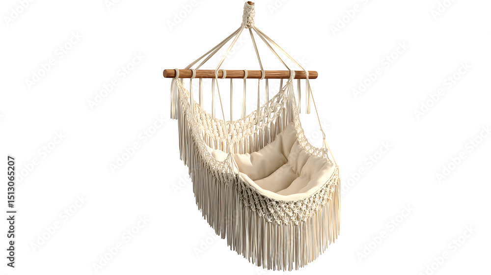 Obraz premium A hanging hammock chair with fringe, isolated on white background