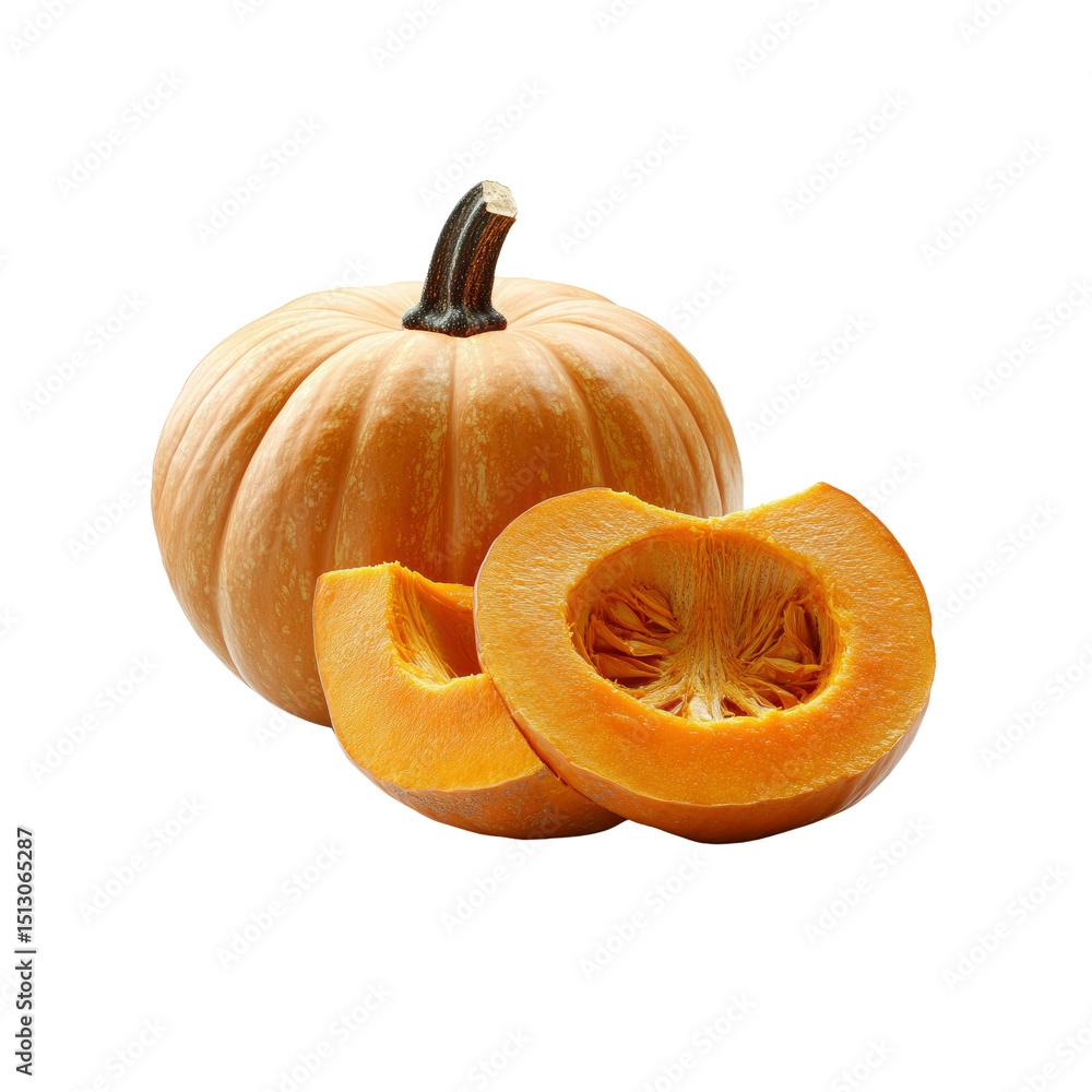 Obraz premium Whole Pumpkin and Slices Isolated on Transparent Background