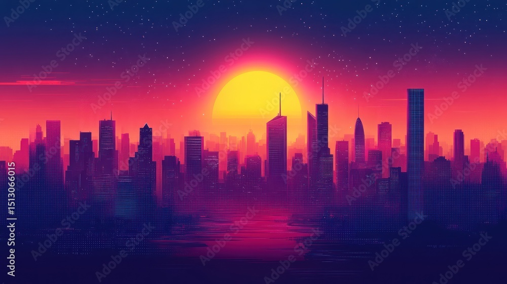 Fototapeta premium Sunset cityscape, vibrant silhouette, urban skyline, graphic art, retro aesthetic
