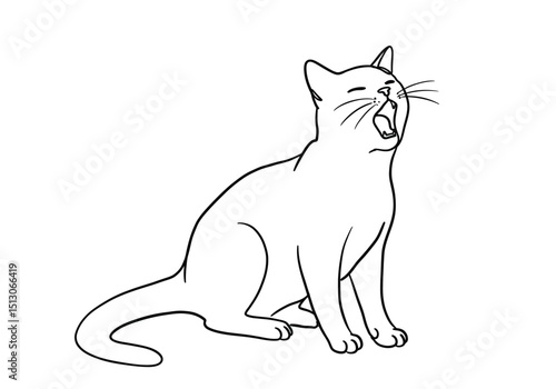 Cat meowing drawing. It is a black and white outline image of a feline vocalizing, a cat with an open mouth, appearing to be meowing or yawning loudly. Vector sketch line art draw.
