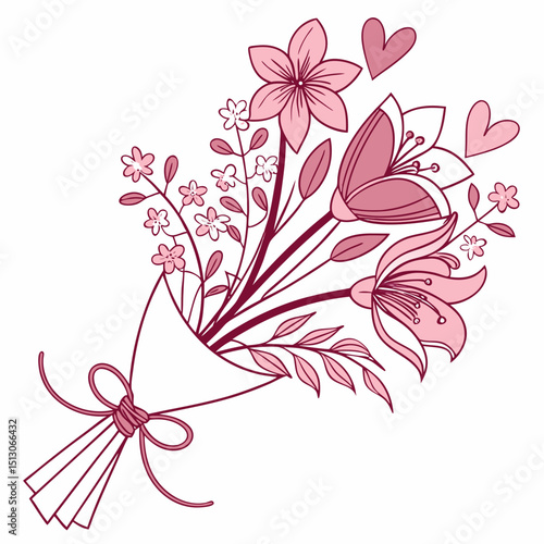 Line art bouquet in pink color Valentine's day gift. Vector graphic