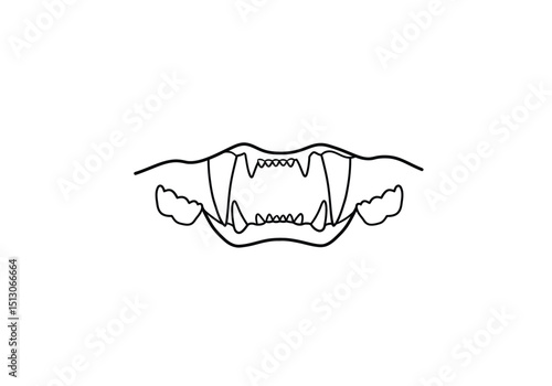 Cat teeth drawing. It is a black and white outline image of a feline's open mouth with prominent teeth and fangs, highlighting its predatory nature. Vector sketch line art draw.