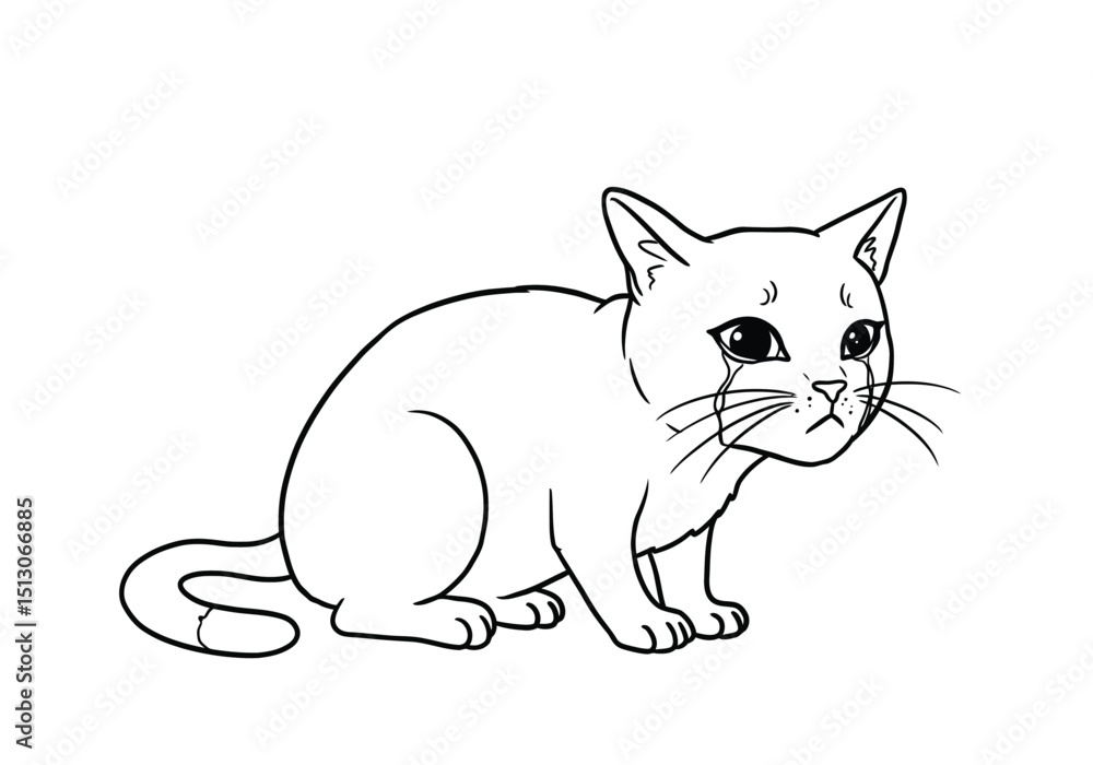 Crying cat drawing. It is a black and white outline image of a sad feline, a cat with tears flowing from its eyes, conveying emotion and distress. Vector sketch line art draw. Crying cat drawing. It is a black and white outline image of a sad feline, a cat with tears flowing from its eyes, conveying emotion and distress. Vector sketch line art draw.