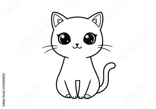 Chibi cat drawing. It is a black and white outline image of an adorable feline, a small and cute chibi-style cat with large eyes and a sweet expression. Vector sketch line art draw.