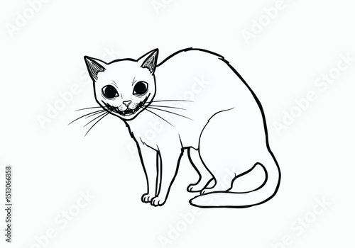Creepy cat drawing. It is a black and white outline image of an unsettling feline, a cat with large, wide eyes and a slightly open mouth, giving it an eerie expression. Vector sketch line art draw.