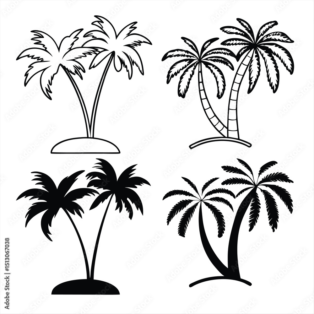 Fototapeta premium Simple Palm Tree Icon Set in Solid Outline and Flat Styles with Tropical Island Variations