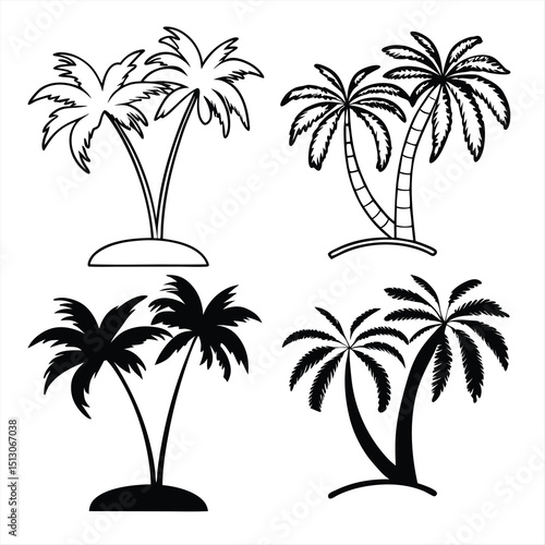 Simple Palm Tree Icon Set in Solid Outline and Flat Styles with Tropical Island Variations
