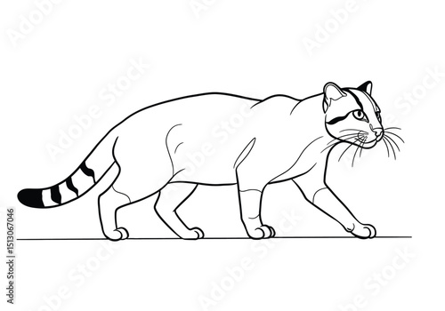 Fishing cat drawing. It is a black and white outline image of a wild feline, a fishing cat, characterized by its distinct markings and muscular build, in a walking pose. Vector sketch line art draw.