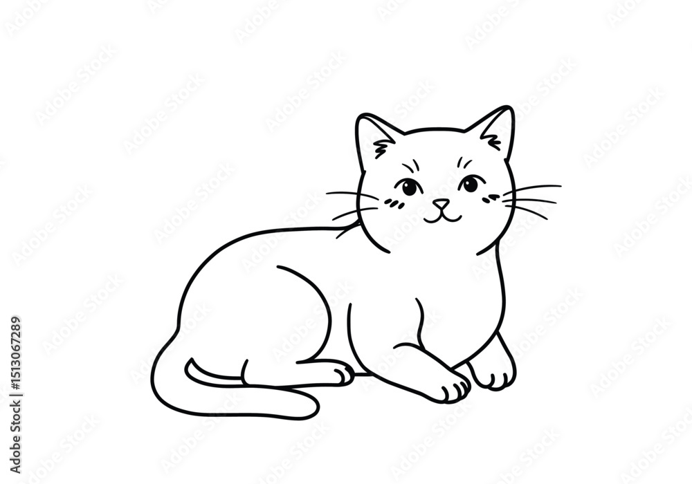 Obraz premium Adorable cat drawing. It is a black and white outline image of a cute feline, a domestic animal known for its charm and gentle nature. Vector sketch line art draw.