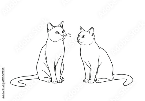 Two cat drawing. It is a black and white outline image of two felines, domestic animals known for their playful nature and independent spirit. Vector sketch line art draw.