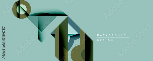 Abstract geometric shapes overlap, creating layered visual effect. Soft teal background complements dark green, brown tones. Modern design suitable for backgrounds, presentations.