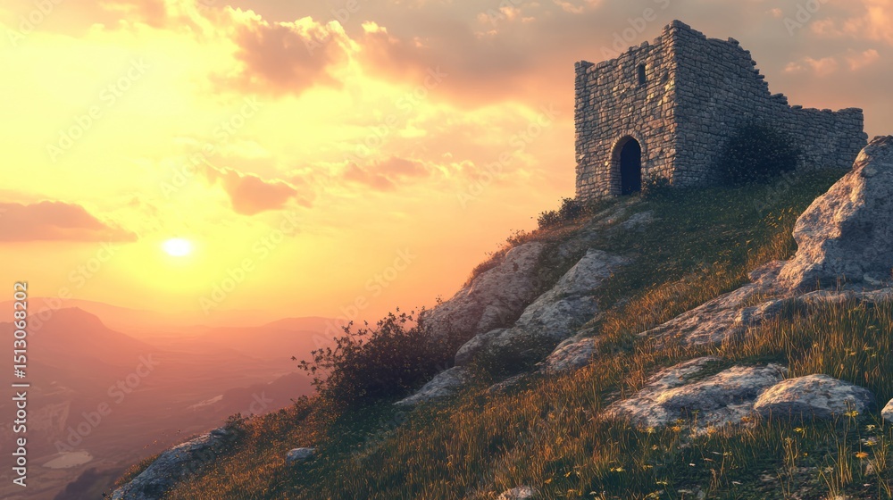 Ancient fortress ruins perched atop rocky hill during warm sunset creating picturesque view Ancient fortress ruins perched atop rocky hill during warm sunset creating picturesque view