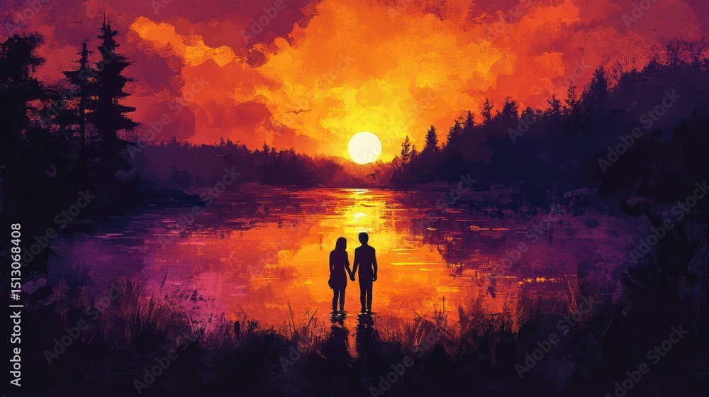 Fototapeta premium Romantic silhouette of a couple watching a vibrant sunset on a tranquil lake