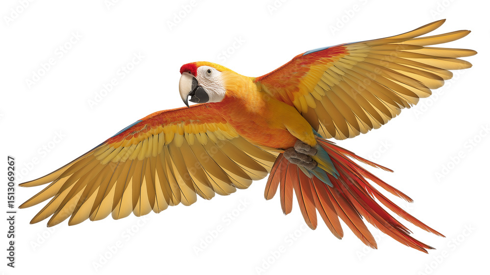 Obraz premium A red macaw parrot flying isolated on transparent background, real photo, stock photography, high resolution