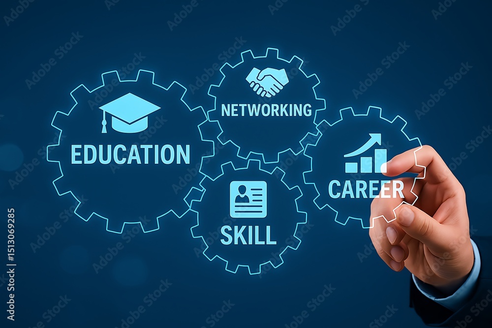 Education skill networking and career goals interconnected within a conceptual gear mechanism Education skill networking and career goals interconnected within a conceptual gear mechanism