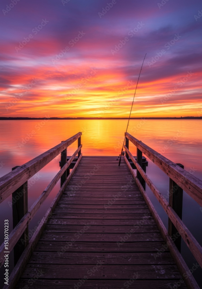 Fototapeta premium Vibrant Sunset Over Calm Lake with Wooden Dock