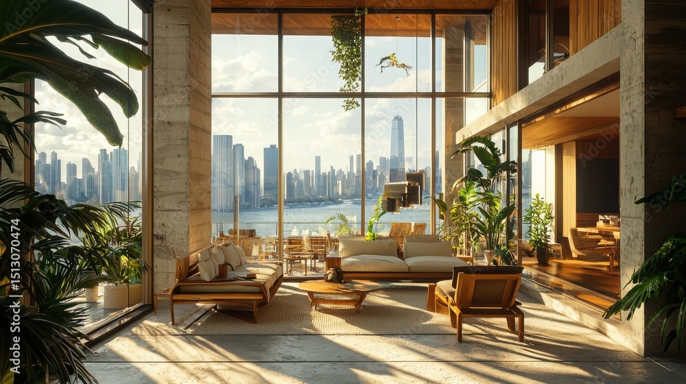 Fototapeta premium Modern Interior with Scenic View of City Skyline and Nature Elements
