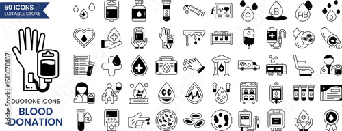 Blood Donation icon set in duotone style. Related to health, donor, donate, care, blood, heart and more. Vector illustration